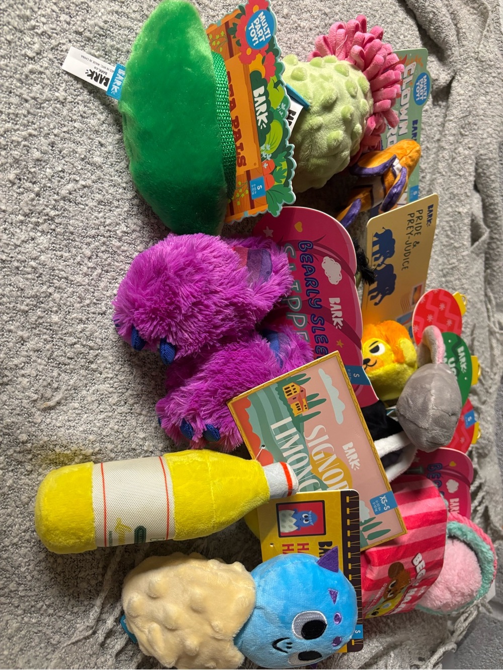 Bark Bright Plush Squeaky Toy Mix in Green, Purple, Yellow, Blue, Pink, Gray